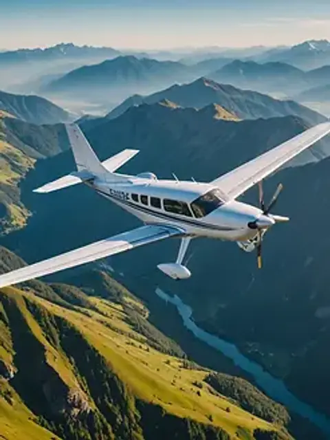 High angle view of a small airplane flying over breathtaking mountain landscapes