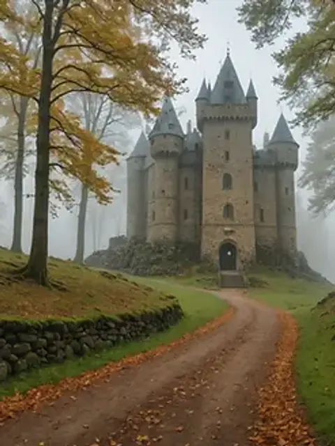 Wide angle view of a foggy forest path leading to an old stone castle