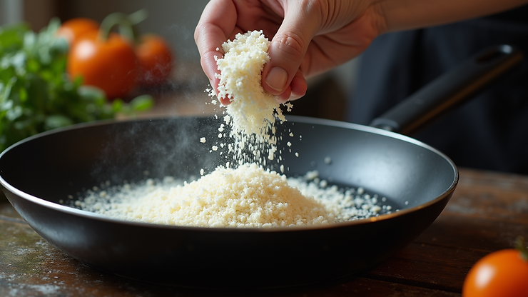 High angle view of a frying pan with cornstarch being added