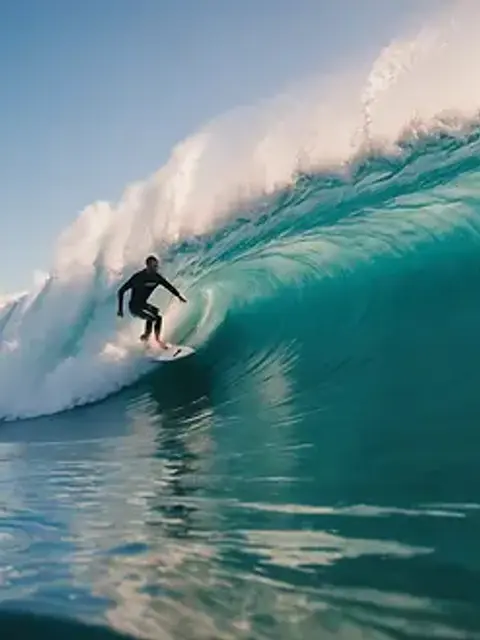 Eye-level view of surfers tackling powerful waves