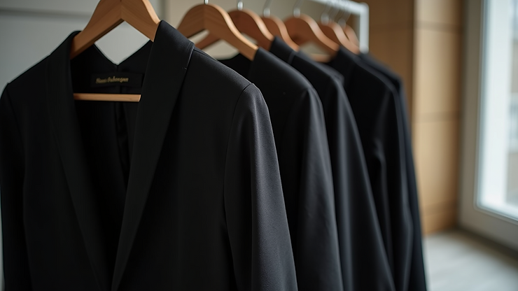 Wide angle view of a classic little black dress displayed on a clothing rack