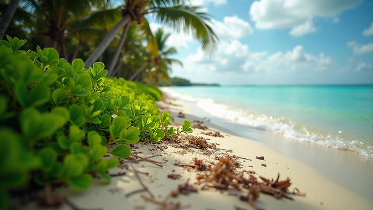 Eye-level view of Playa Tankah encountering lush vegetation alongside the shoreline