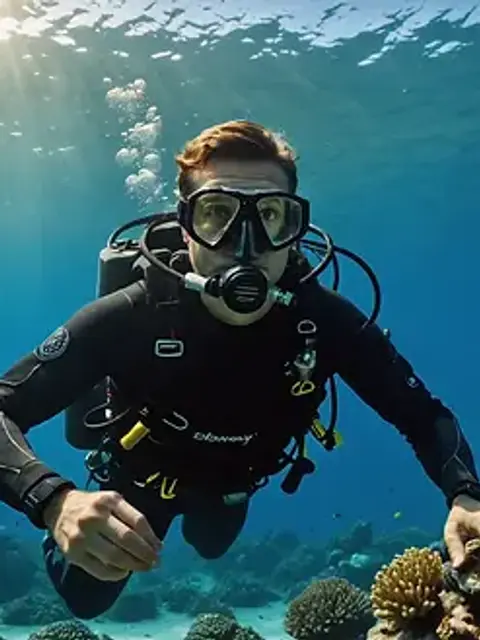 Eye-level view of a diver exploring the vibrant underwater world