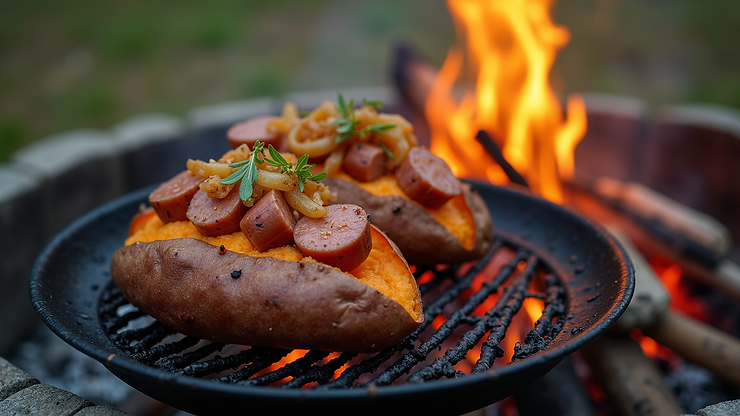 High angle view of stuffed sweet potatoes with sausage and onions on a campfire grill