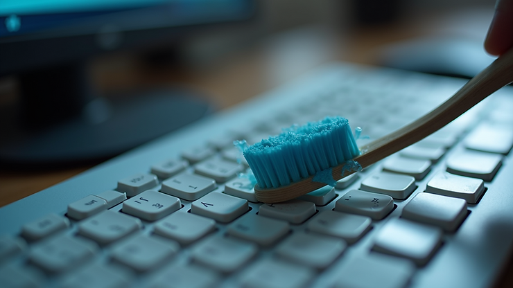 High angle view of a computer keyboard getting cleaned with a toothbrush
