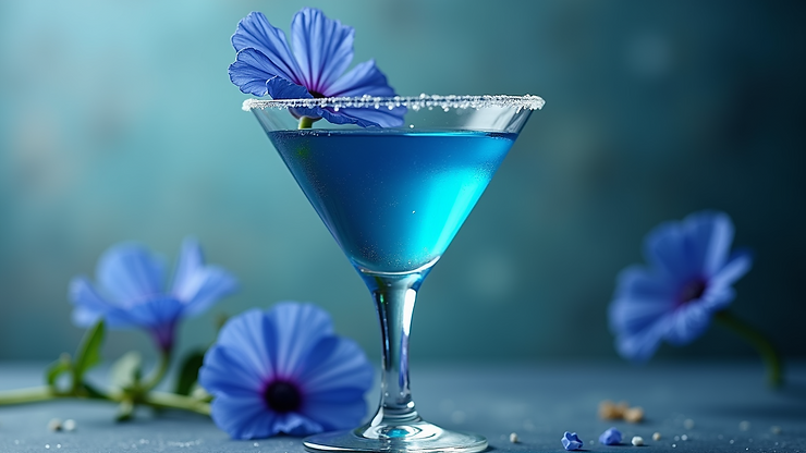 Close-up view of a Blue Pea Flower Martini cocktail with a blue hue