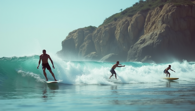 Eye-level view of surfers riding waves at Big Wave Bay Beach with rocky cliffs in background