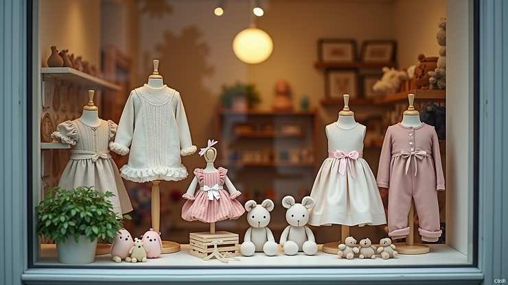 Close-up view of Anemone shop displaying handmade children’s clothing and toys