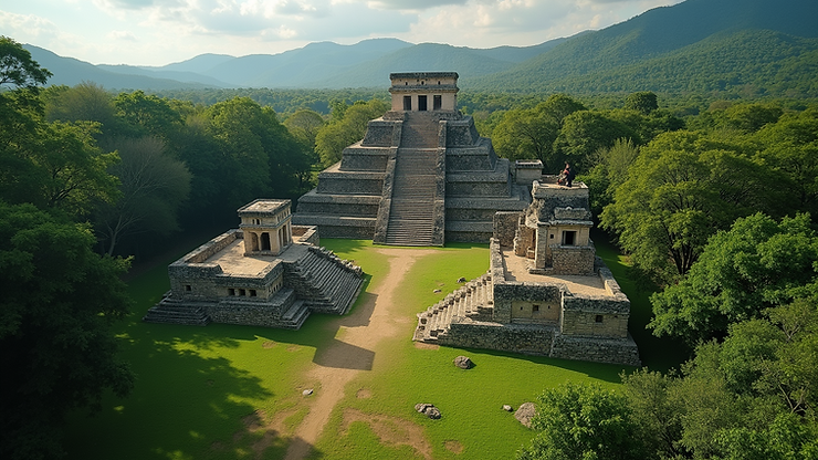 High angle view of the Xaman Ha Ruins surrounded by greenery