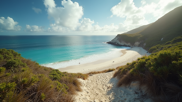 Wide angle view of a secluded beach from the Reef Bay Trail