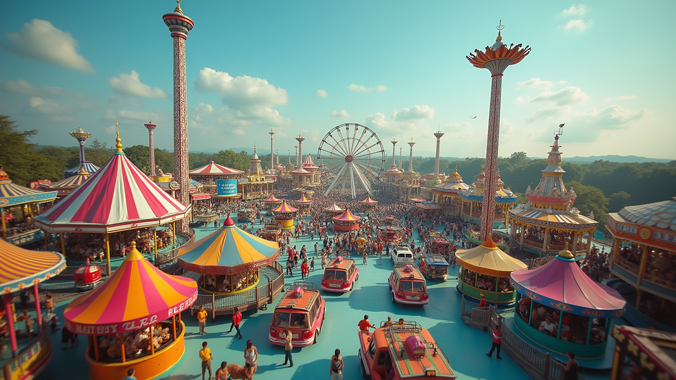 Wide angle view of Luna Park's colorful rides