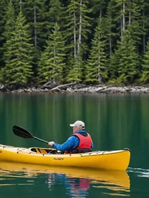 Close-up view of a kayak floating on the quiet waters of Auke Bay