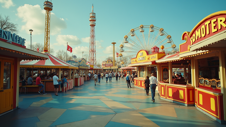 Wide angle view of the animal exhibits and attractions at Adventure World