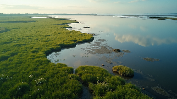 Wide angle view of estuary edges and tidal flats