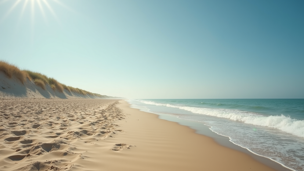 Wide angle view of Jones Beach with fine sand and gentle surf