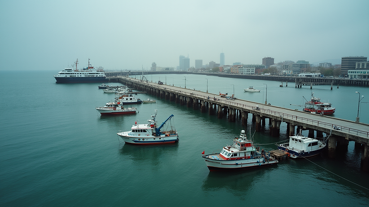 Wide angle view of East Bay Street Pier with fishing boats nearby
