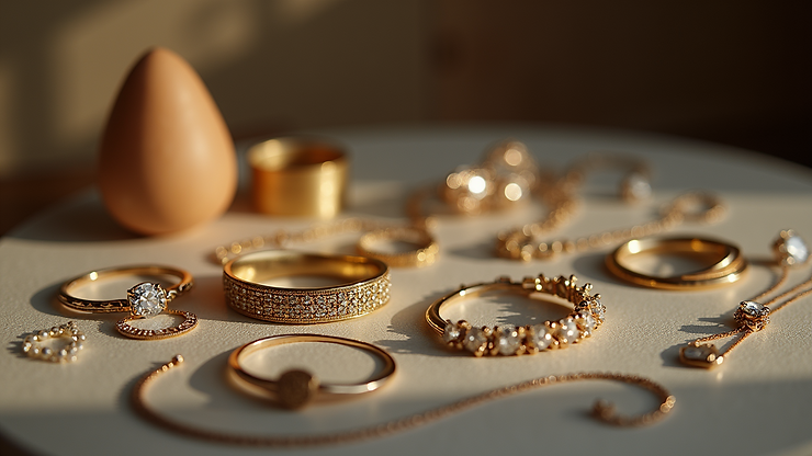 Eye-level view of a collection of statement jewelry pieces displayed artistically