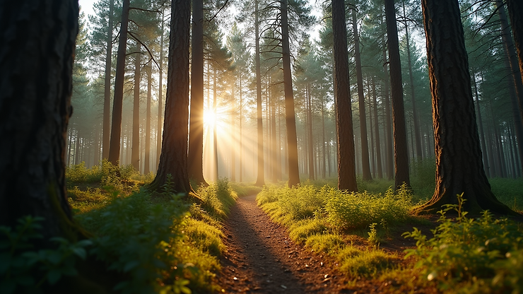 Eye-level view of a serene forest with sunlight filtering through pine trees