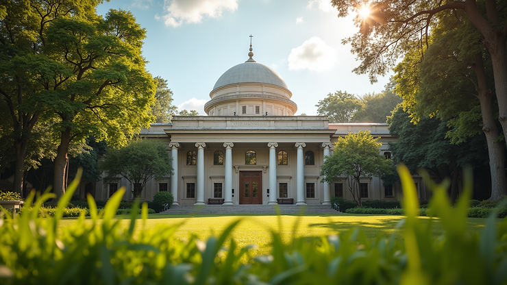 Eye-level view of the Enid Baa National Library with lush surroundings