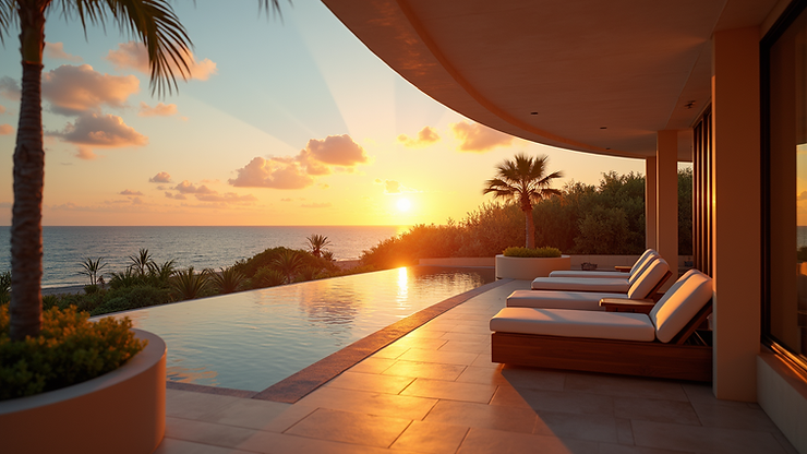 Eye-level view of the terrace at Atlantis Hotel showcasing the sunset