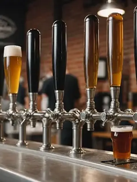 Close-up view of a local craft brewery with taps ready to serve a variety of brews