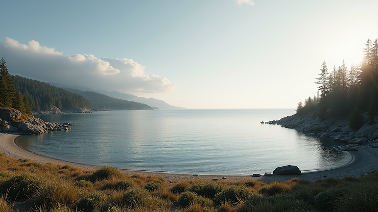 Wide angle view of Teague Bay showcasing its tranquil waters and surrounding nature