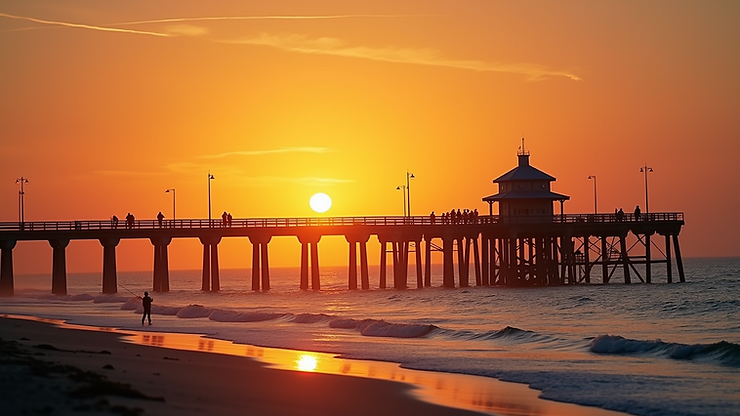 Wide angle view of Avon Fishing Pier with sunset backdrop