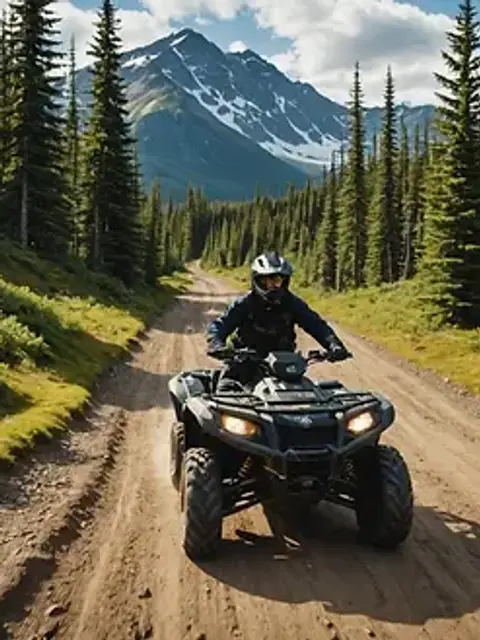 Wide angle view of an ATV navigating through a rugged Alaskan trail