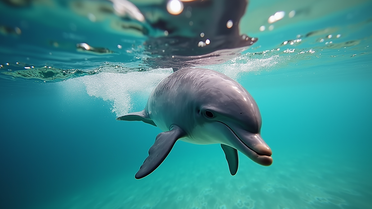 Eye-level view of a dolphin interacting with a swimmer in clear water