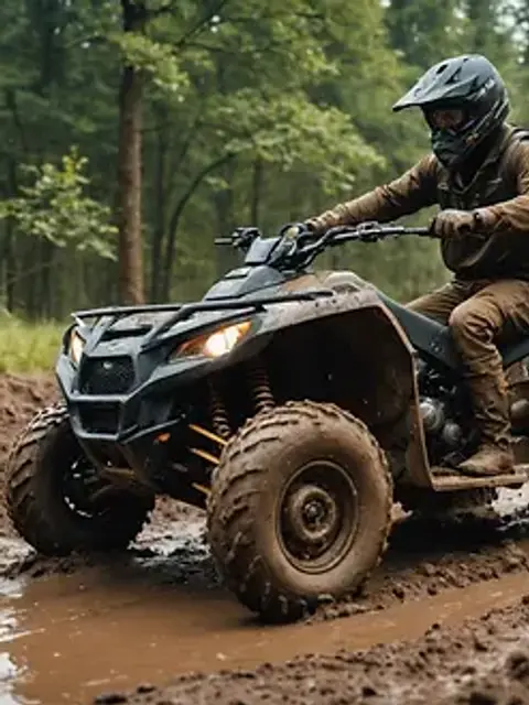 Close-up view of an ATV navigating a muddy trail