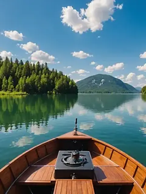 Wide angle view of a boat tour navigating through the serene waters of a tranquil lake
