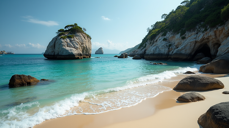 Close-up view of Freedom Beach with clear water and rocky surroundings