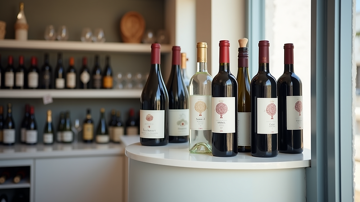 Eye-level view of Santo Wines shop displaying local Santorini wine bottles