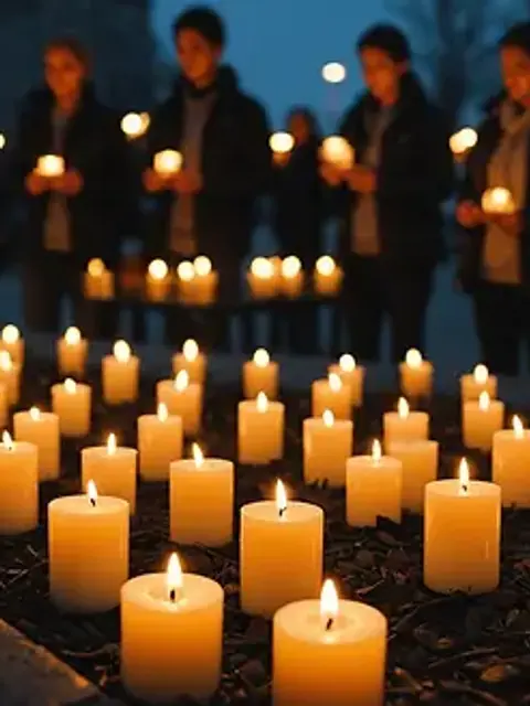 Eye-level view of a candle-lit vigil at the murder sites
