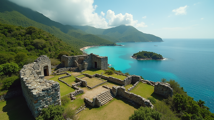 High angle view of historical ruins within the V.I. National Park at Cinnamon Bay