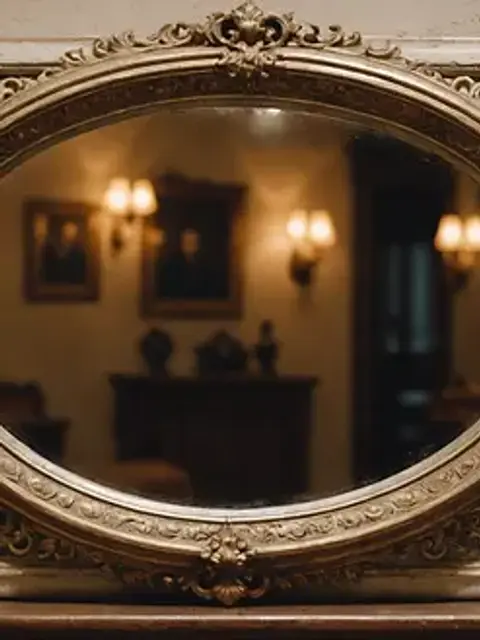 Close-up view of an old, ornate mirror reflecting ghostly tales
