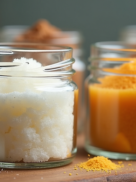 Close-up view of different types of sugar in glass jars