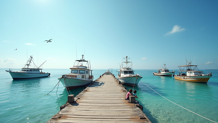 Wide angle view of Kini Jetty with fishing boats