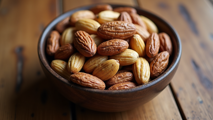 High angle view of a mixed nut blend in a bowl