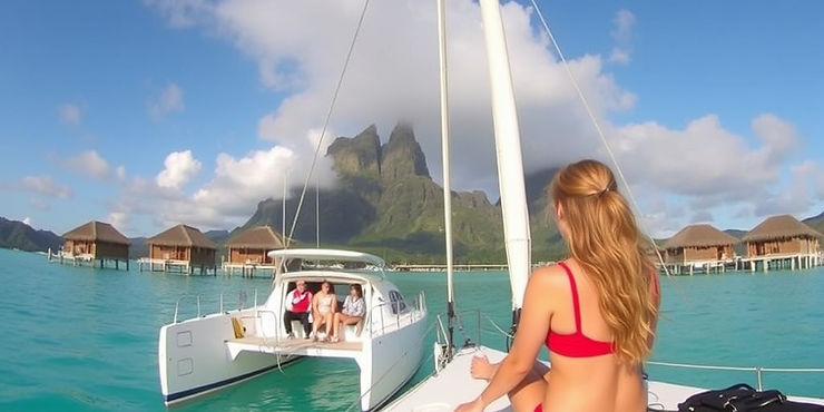 Wide angle view of a catamaran sailing on a turquoise lagoon