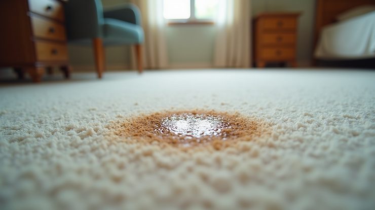 Close-up view of a carpeted area with a visible stain before treatment