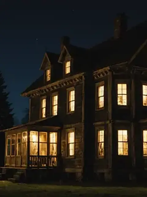 Close-up view of an old, eerie house at night