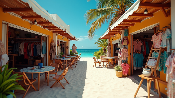 Wide angle view of Perissa Beach's trendy shops with colorful merchandise