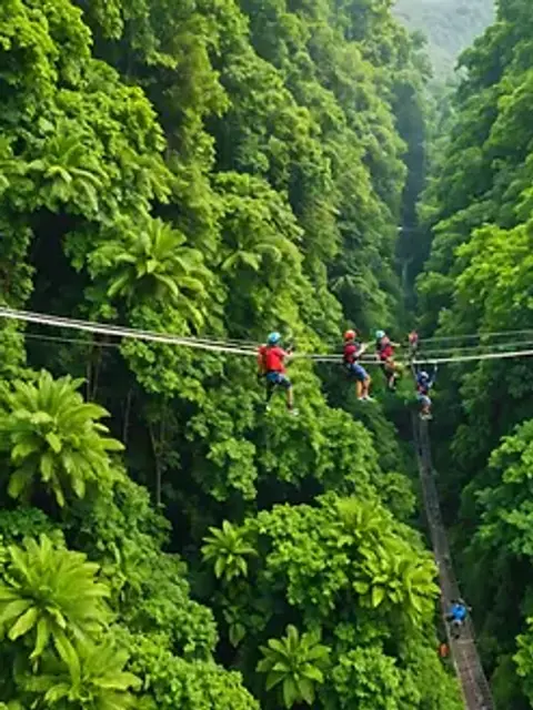 High angle view of a zipline crossing over lush foliage in the forest