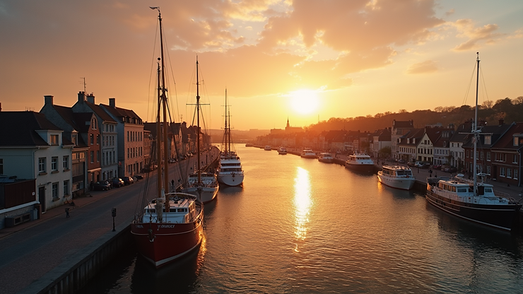 High angle view of Honfleur's historic harbor at sunset