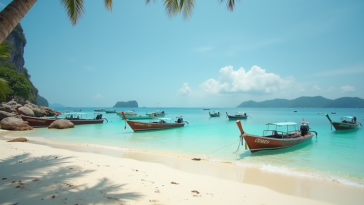 Wide angle view of Candidasa beach with fishing boats
