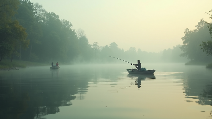 Eye-level view of Kali Mertasari pond with fishermen