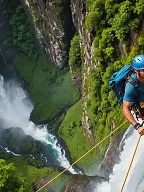 Eye-level view of an adventurer rappelling down a stunning waterfall