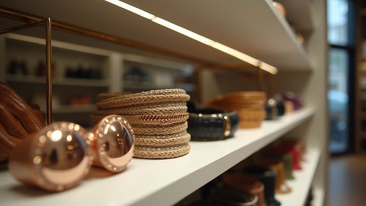 Eye-level view of various statement accessories displayed on a boutique shelf