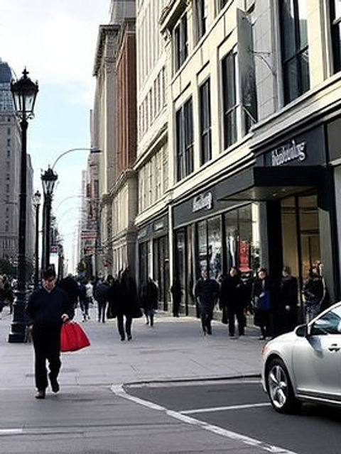 Eye-level view of luxury storefronts along Fifth Avenue